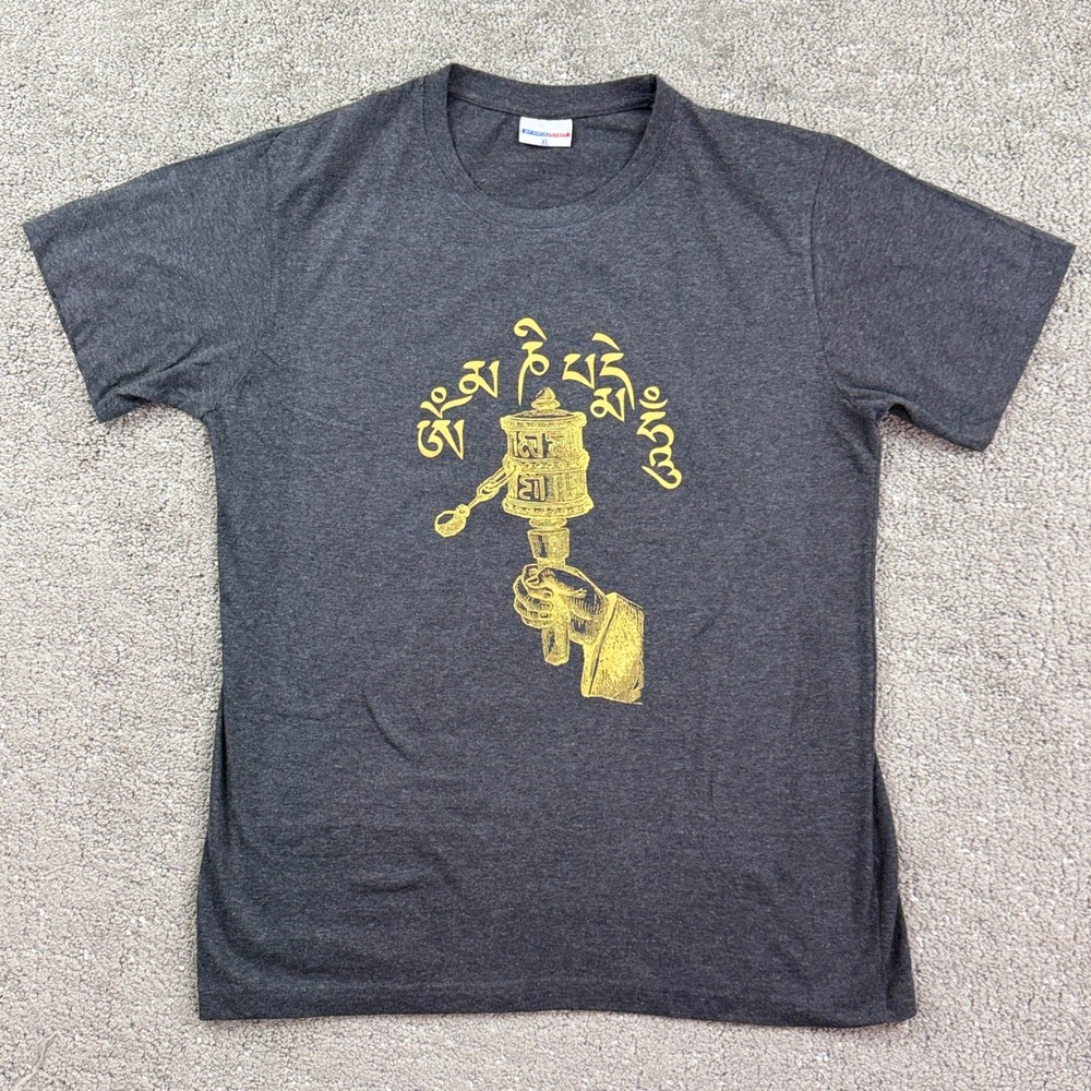 Tibetan Prayer Wheel Mens XL T Shirt Flecked Gray Buddhist Mantra Spiritual